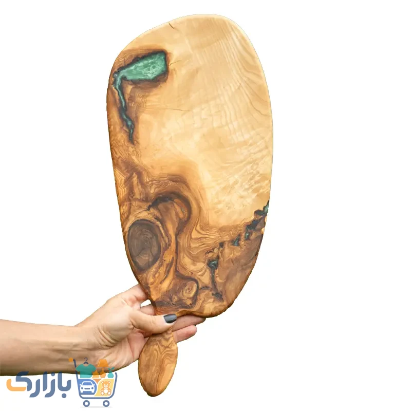 خرید تخته سرو غذا چوبی دست‌ساز مدل خزر ساخته شده از چوب طبیعی با جزئیات رزینی سبز